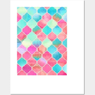 Watercolor Moroccan Patchwork in Magenta, Peach & Aqua Posters and Art